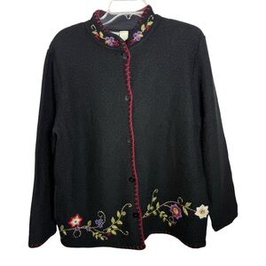 Vintage Floral Embroidered Boiled Wool Cardigan Sweater Jacket Size Large Black